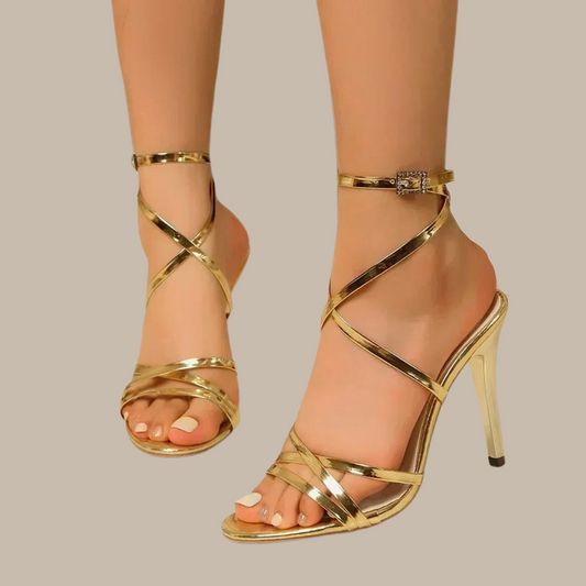 Gold Black White Open Toe High Heels - Vakasi