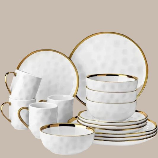 Dinnerware Sets, Stoneware Dish Set for 4, 16 Piece Kitchen Plates and Bowls Sets, Handmade Dinner Set with Gold Trim