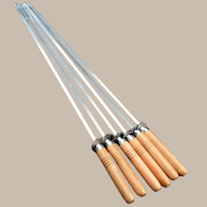 6Pcs Wood Handleds Steel BBQ Skewers Js