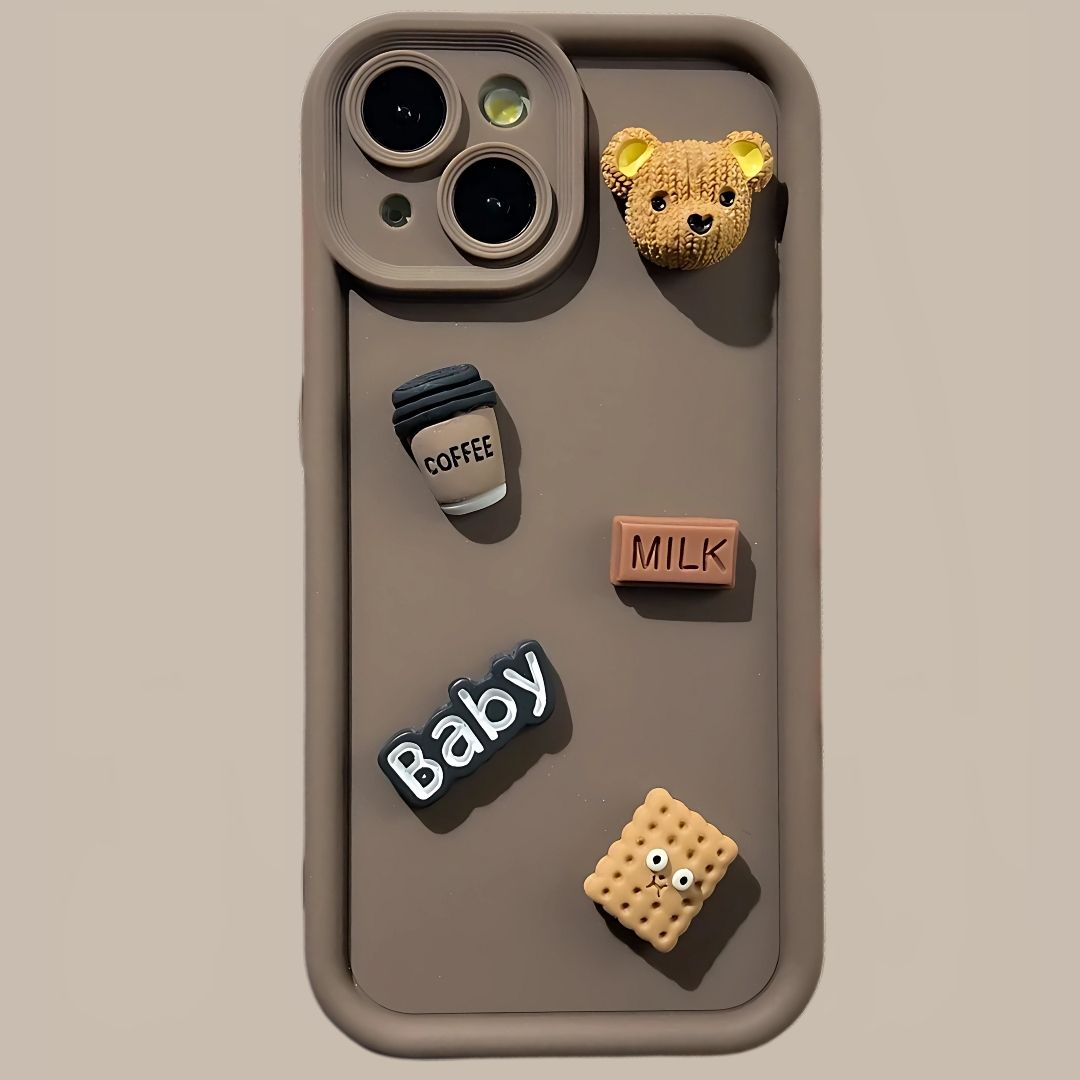 Korean Cute Cartoon 3D Coffee Bear Phone Case For iPhone 11 Case iPhone 13 12 14 16 15 Pro Max XR XS 7 8 Plus SE 2020 Soft Cover