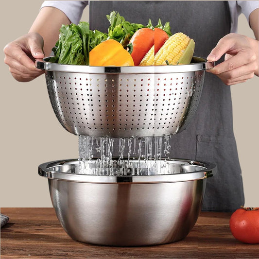 Stainless Steel Egg Flour Mixing Bowls Rice Sieve Fruit Vegetables Drain Basket Soup Basin Mesh Filter Kitchen Utensils