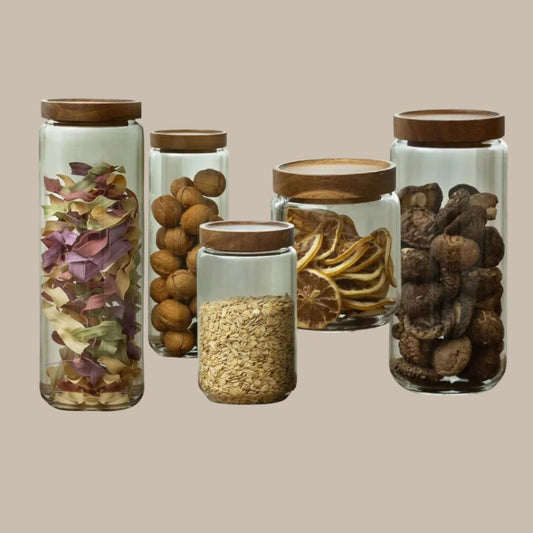 Wood Lid Glass Airtight Canister Kitchen Storage Bottles Jars Food Container Grains Tea Coffee Beans Grains Candy Jar Containers