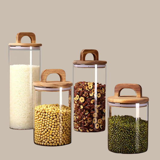 800-2100ml Wood Lid Glass Jar 1pc Airtight Canister Food Container Coffee Beans Kitchen Storage Bottles Sealed Grounds Large Set