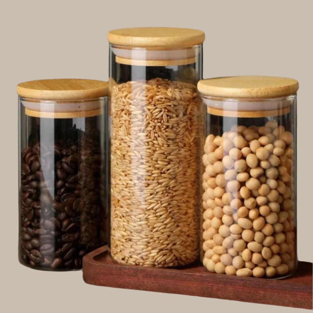 1PC Round Glass Storage Jars with Bamboo Lid for Coffee Beans Grains Noodles food Storage Containers Kitchen Organizers Storage