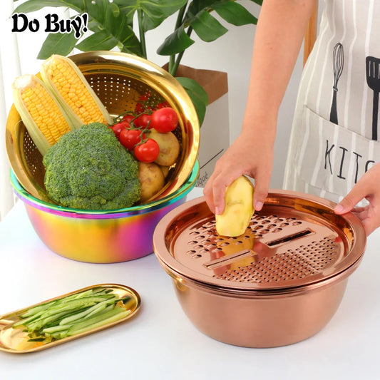 3 Pcs/Set Vegetable Slicer Drain basket Stainless Steel Fruit Potato Peeler Grater Round Rice Washer Drain Basket Supplies