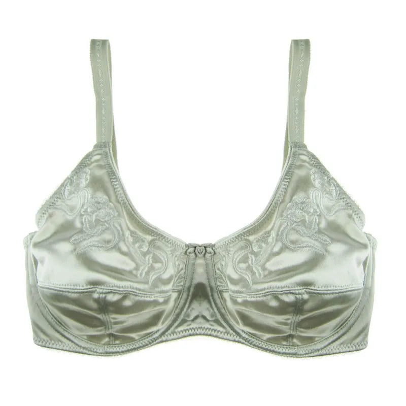 C-046 Women Bra Black/Green/Silver 3 Colours Satin Embroidery Unlined Push Up Cup Big Size 36 38 40 42 44 46 DD DDD E F Full Cup - Vakasi