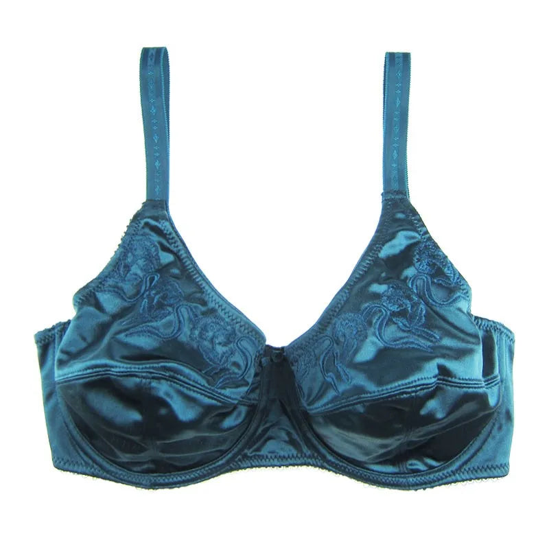 C-046 Women Bra Black/Green/Silver 3 Colours Satin Embroidery Unlined Push Up Cup Big Size 36 38 40 42 44 46 DD DDD E F Full Cup - Vakasi