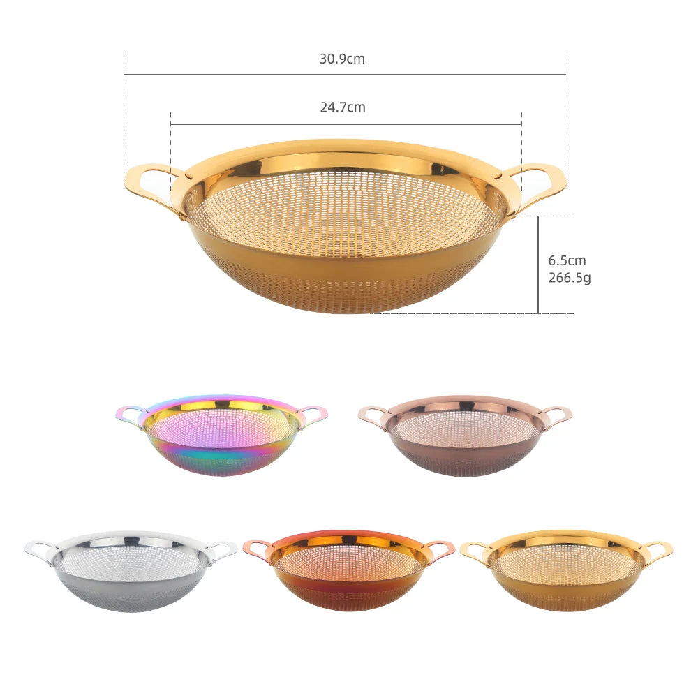 Double Ear Handle Gold Stainless Steel Drain Basket Vegetable Washing Fruit Colander Strainer Metal Rice Sieve Kitchen Utensils