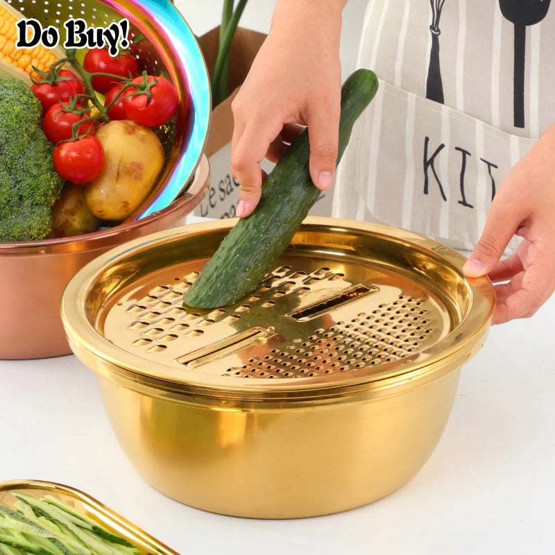 3 Pcs/Set Vegetable Slicer Drain basket Stainless Steel Fruit Potato Peeler Grater Round Rice Washer Drain Basket Supplies