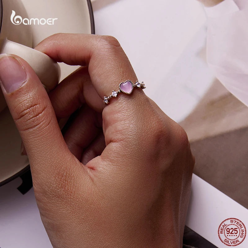 Bamoer Genuine 925 Sterling Silver Romantic Pink Heart Rings for Women Clear Zircon Finger Rings Formal Anniversary Jewelry Gift