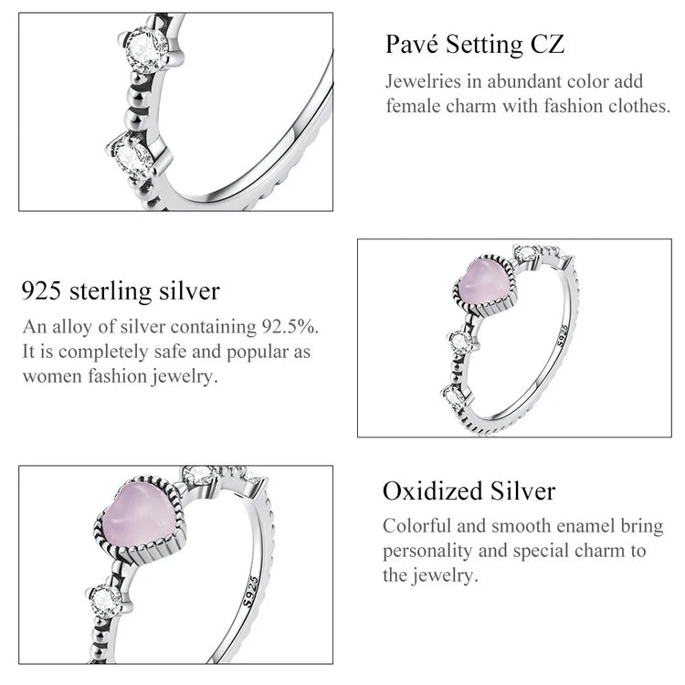 Bamoer Genuine 925 Sterling Silver Romantic Pink Heart Rings for Women Clear Zircon Finger Rings Formal Anniversary Jewelry Gift