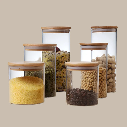 Wood Jars Lid Glass Airtight Canister Kitchen Storage Bottles Jar Sealed Food Container Tea Coffee Beans Grains Jars Orgnizer Js