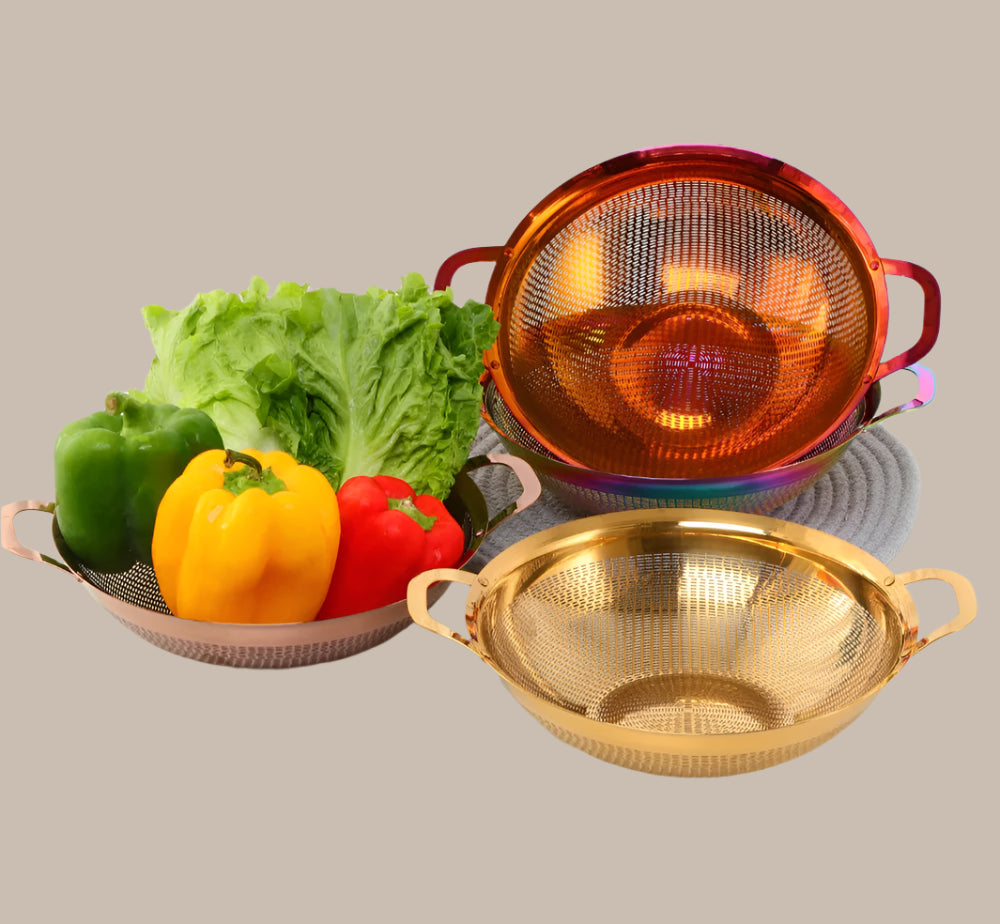 Double Ear Handle Gold Stainless Steel Drain Basket Vegetable Washing Fruit Colander Strainer Metal Rice Sieve Kitchen Utensils