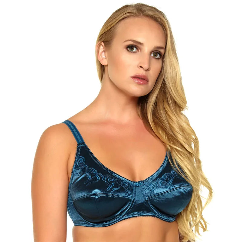 C-046 Women Bra Black/Green/Silver 3 Colours Satin Embroidery Unlined Push Up Cup Big Size 36 38 40 42 44 46 DD DDD E F Full Cup - Vakasi