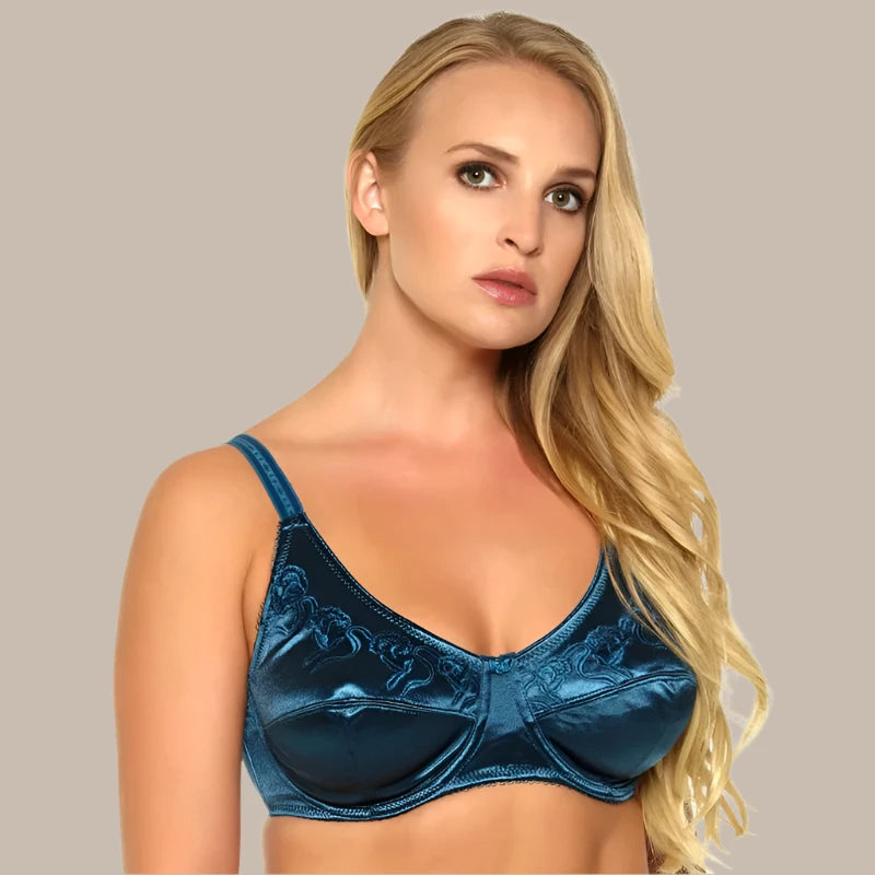 C-046 Women Bra Black/Green/Silver 3 Colours Satin Embroidery Unlined Push Up Cup Big Size 36 38 40 42 44 46 DD DDD E F Full Cup - Vakasi