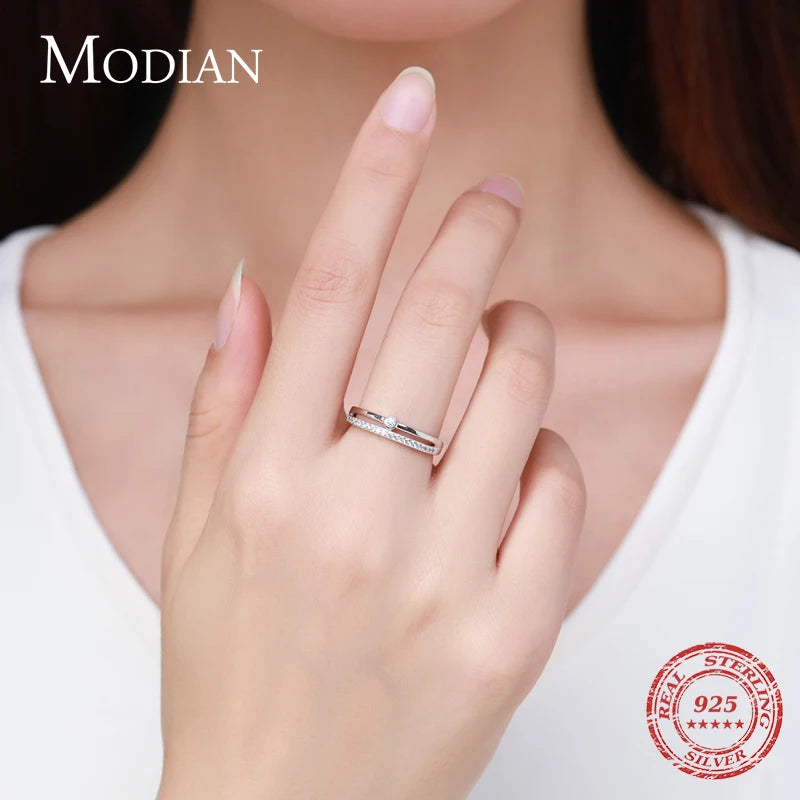 MODIAN 925 Sterling Silver Simple Line Fashion Clear CZ Rings For Women Luxury Jewelry 2024 Wedding Accessories Gift With Box - Vakasi