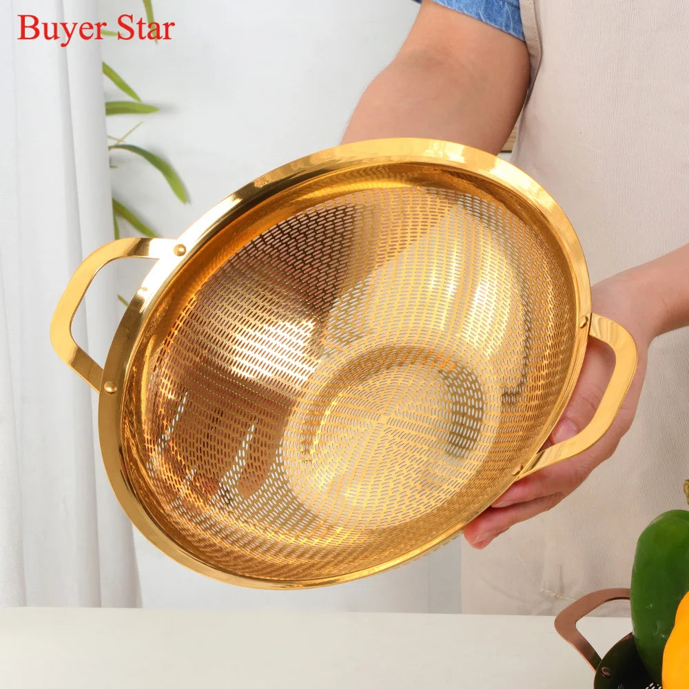 Double Ear Handle Gold Stainless Steel Drain Basket Vegetable Washing Fruit Colander Strainer Metal Rice Sieve Kitchen Utensils