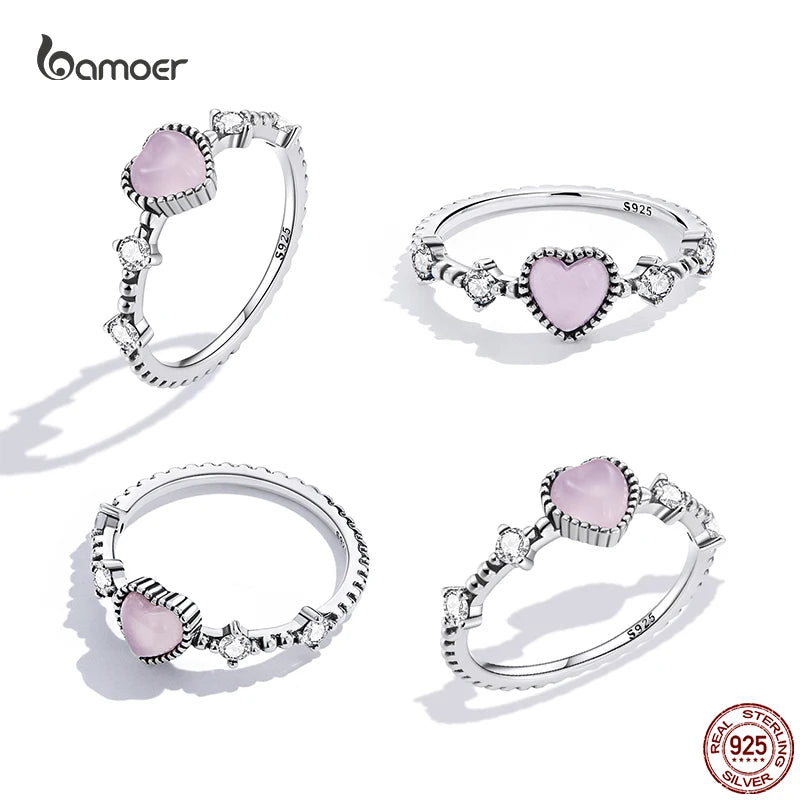 Bamoer Genuine 925 Sterling Silver Romantic Pink Heart Rings for Women Clear Zircon Finger Rings Formal Anniversary Jewelry Gift