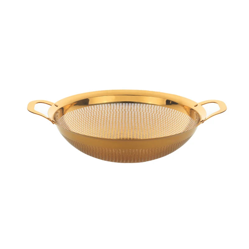 Double Ear Handle Gold Stainless Steel Drain Basket Vegetable Washing Fruit Colander Strainer Metal Rice Sieve Kitchen Utensils