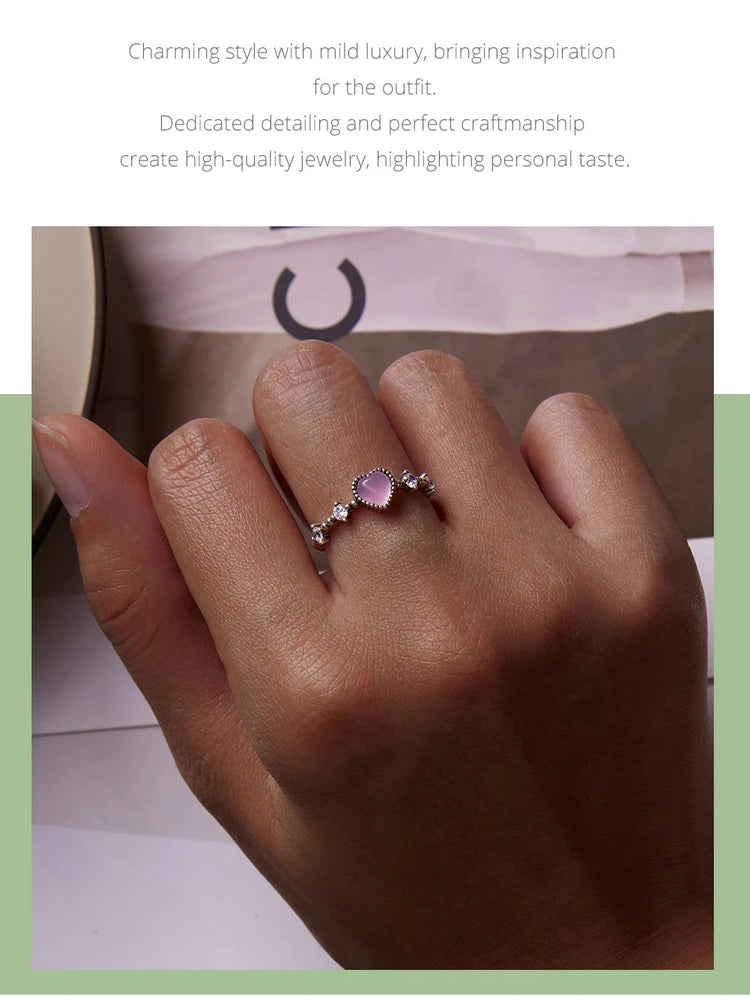 Bamoer Genuine 925 Sterling Silver Romantic Pink Heart Rings for Women Clear Zircon Finger Rings Formal Anniversary Jewelry Gift