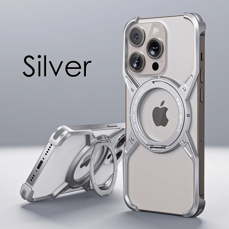 Aluminum Alloy Magnetic MagSafe Stand Phone Case For iPhone 14 13 15 16 Pro Max 16Pro Metal Hollow Rimless Bumper Cover Funda