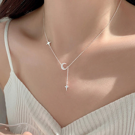 Elegant Silver Moon Star Shape Necklace