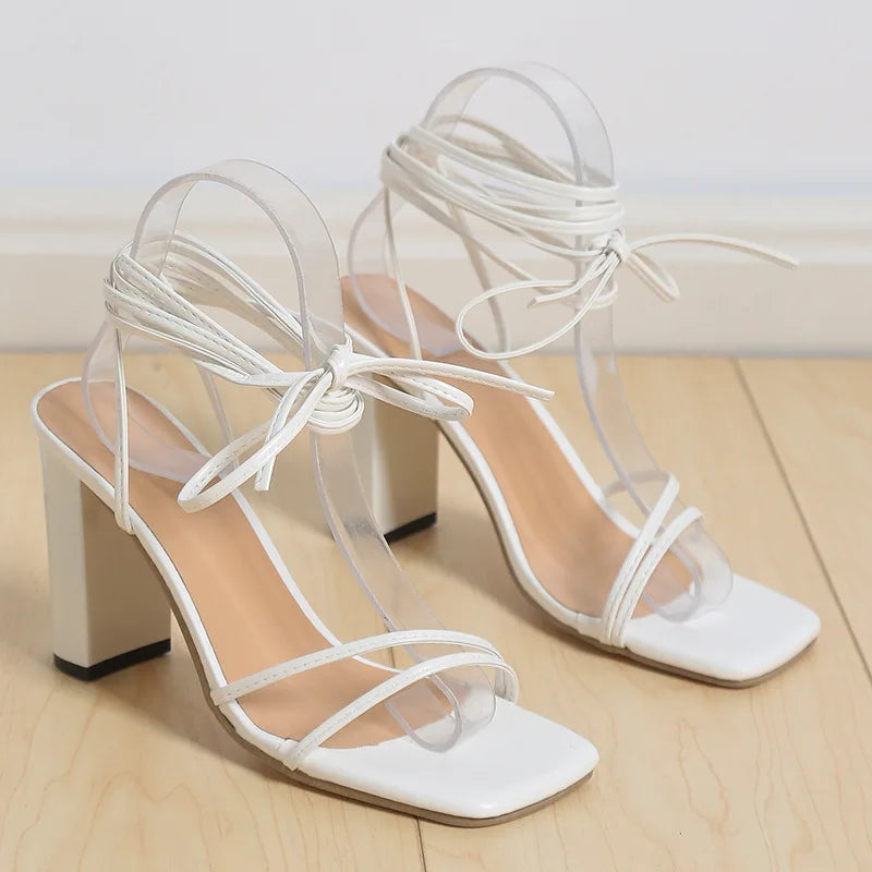 White Black High Heels with Cross-Tied Lace - Vakasi