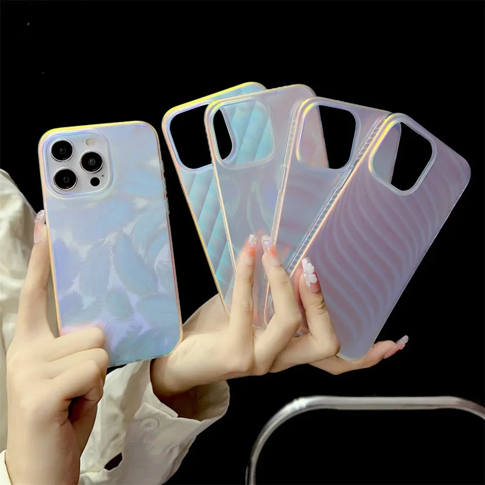 Aurora Gradient Colorful Case for iPhone 15 14 16 Pro Max 13 12 11 Ripple Laser Feather Shockproof Acrylic Cover for iPhone 15