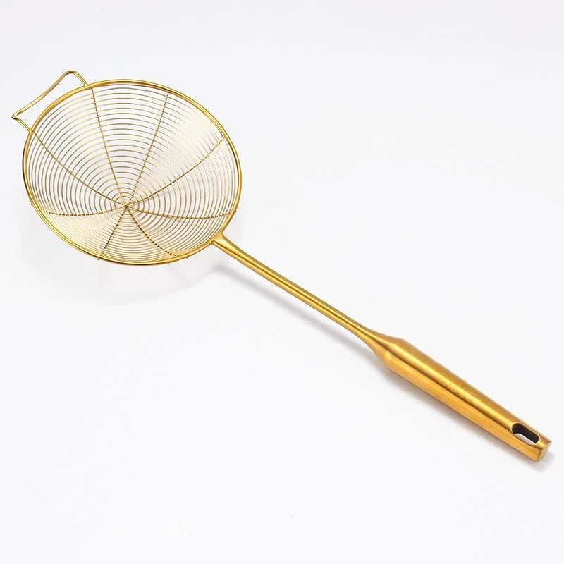 Golden Stainless Steel Skimmer Strainer Colander Oil Filter Frying Scoop with Long Handle Noodles Dumpling Sieves Kitchen Tools