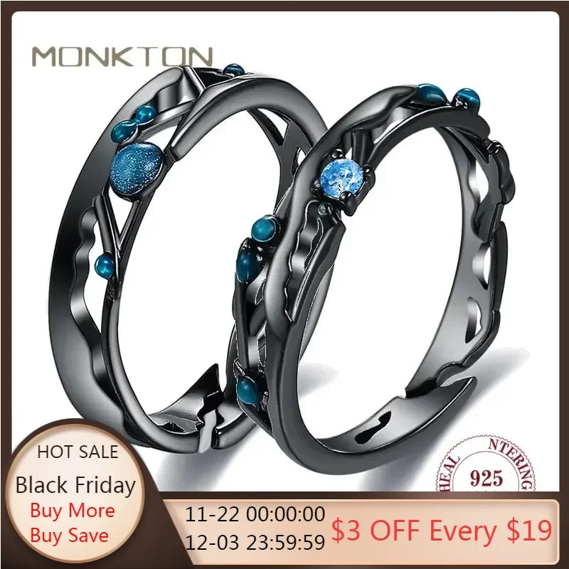 Monkton 100% 925 Sterling Silver Couple Rings Blue Cubic Zirconia Wedding Bands Boho Black Retro Rings for Women Lovers Gift