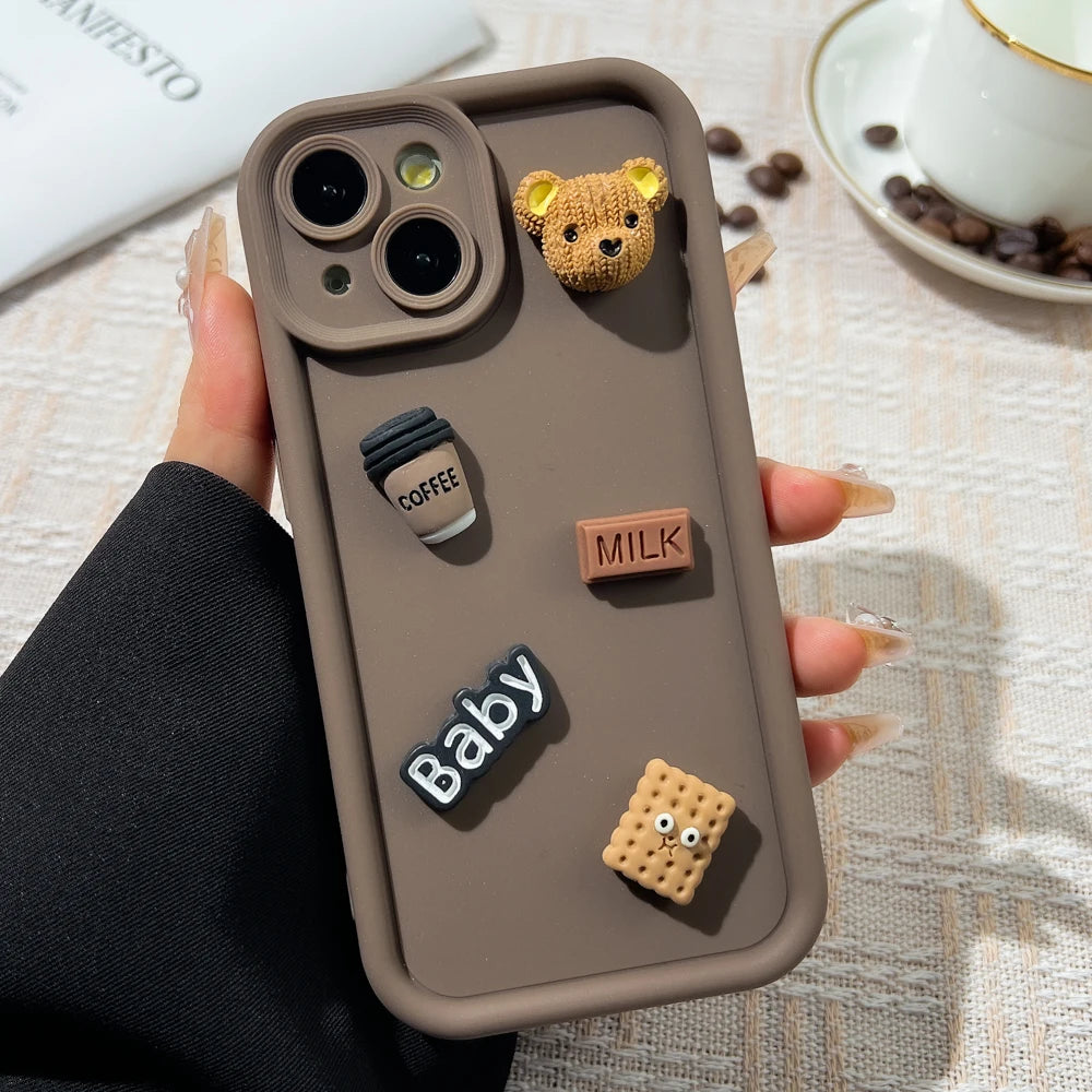 Korean Cute Cartoon 3D Coffee Bear Phone Case For iPhone 11 Case iPhone 13 12 14 16 15 Pro Max XR XS 7 8 Plus SE 2020 Soft Cover