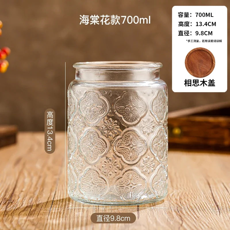 Transparent Glass Storage Jar Retro Relief Haitang Pattern Glass Jar Sealed Jar Household Round Glass Bottle Candy Storage Box