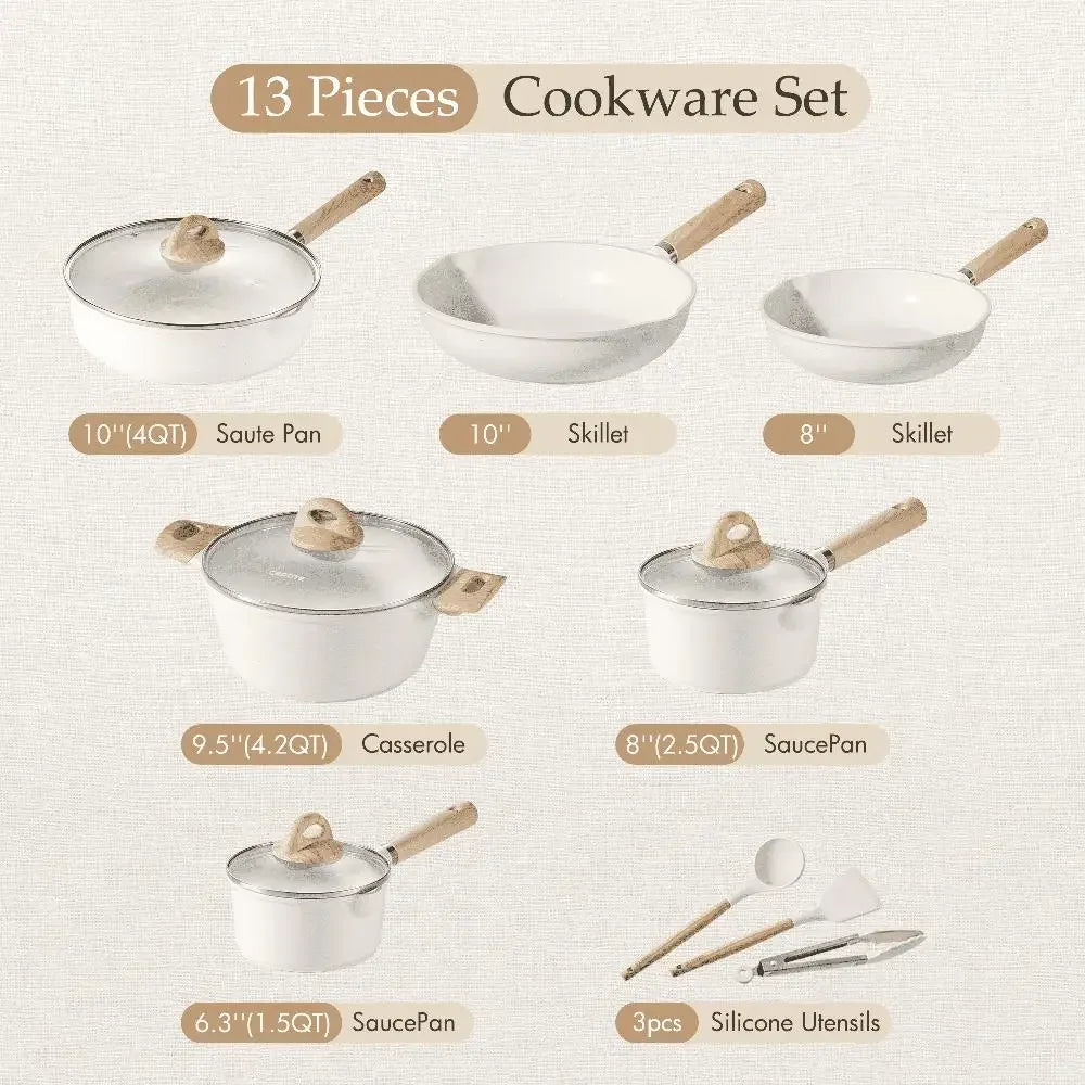 Granite Nonstick Cookware Set 13 Piece Eco-friendly Induction Healthy White Utensils Glass Lids