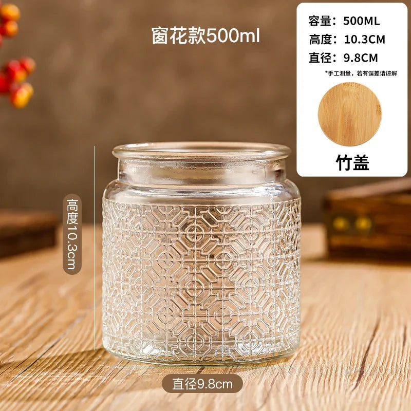 Transparent Glass Storage Jar Retro Relief Haitang Pattern Glass Jar Sealed Jar Household Round Glass Bottle Candy Storage Box