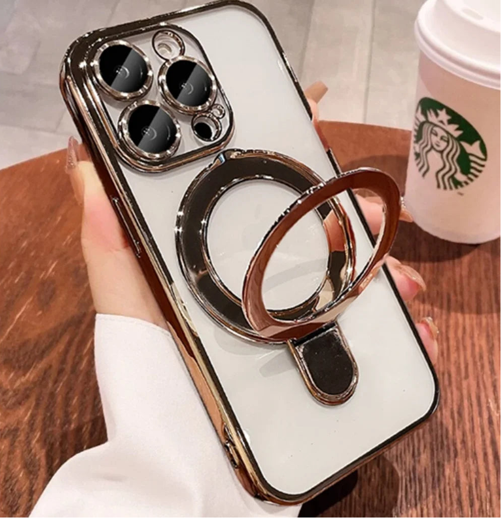 For iPhone 15 Pro Max Luxury Magsafe Magnetic Stand Plating Frame Phone Case For iPhone 16 12 13 14 Plus Lens Protective Cover