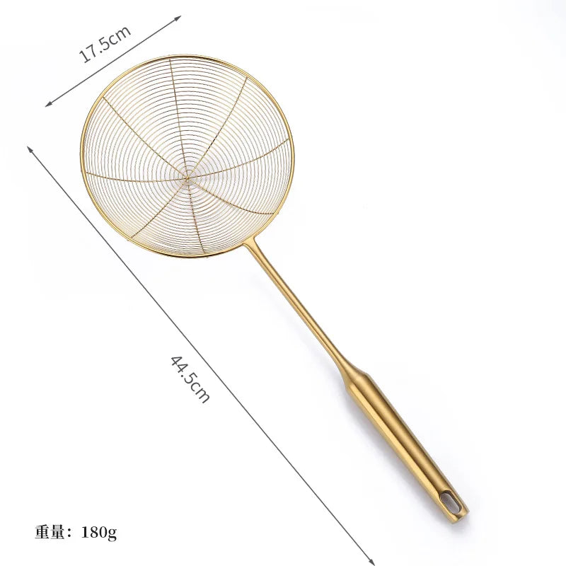 Golden Stainless Steel Skimmer Strainer Colander Oil Filter Frying Scoop with Long Handle Noodles Dumpling Sieves Kitchen Tools