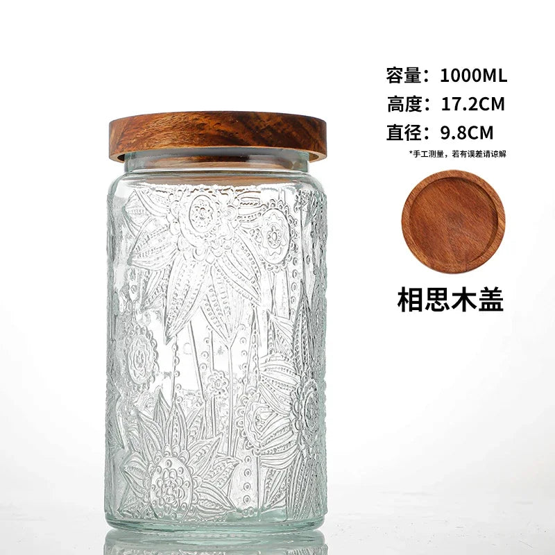 Transparent Glass Storage Jar Retro Relief Haitang Pattern Glass Jar Sealed Jar Household Round Glass Bottle Candy Storage Box