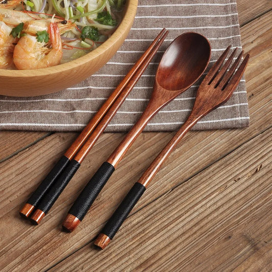 3 Pieces Tableware Natural Wood Dinnerware Spoon Chopsticks Fork Dinner Portable Tableware Grain Household Kitchen Cutlery Set Js