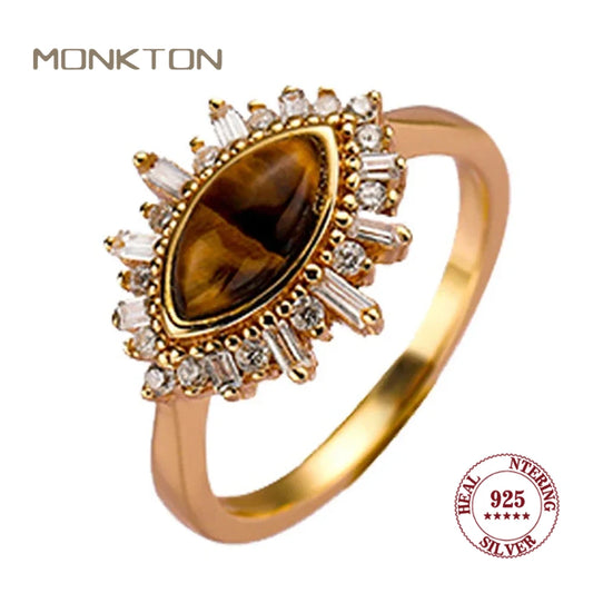 Monkton 925 Sterling Silver Tiger Eye Ring for Women Luxury 18K Gold Plated Shiny Cubic Zirconia Ring Wedding Jewelry Gift