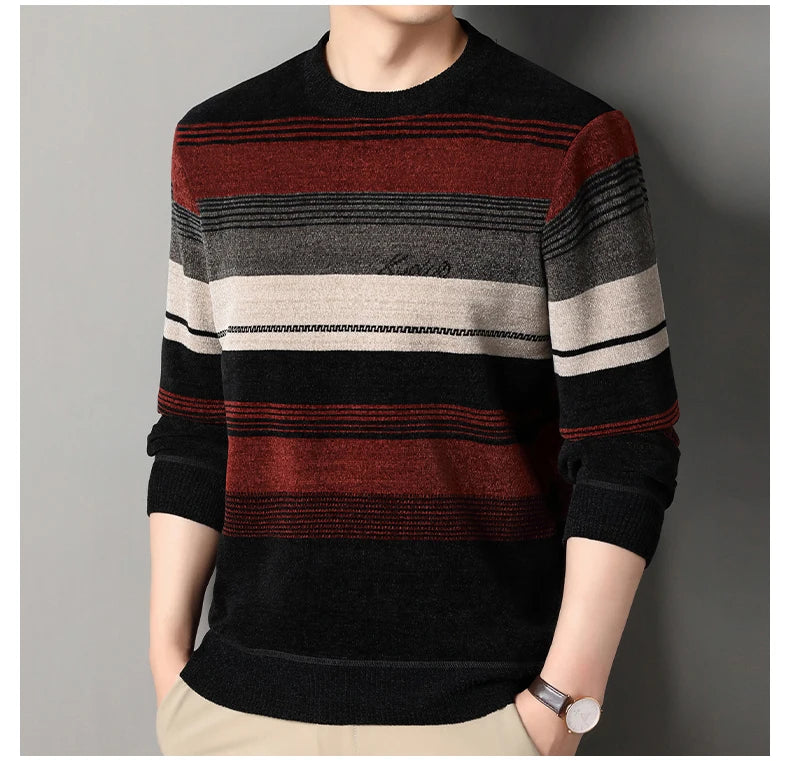 Mens Thickened Sweater Stripe Velvet Pullover Men's Winter Clothes Elegant Luxury Brand Fashion Knitted Sweaters - Vakasi