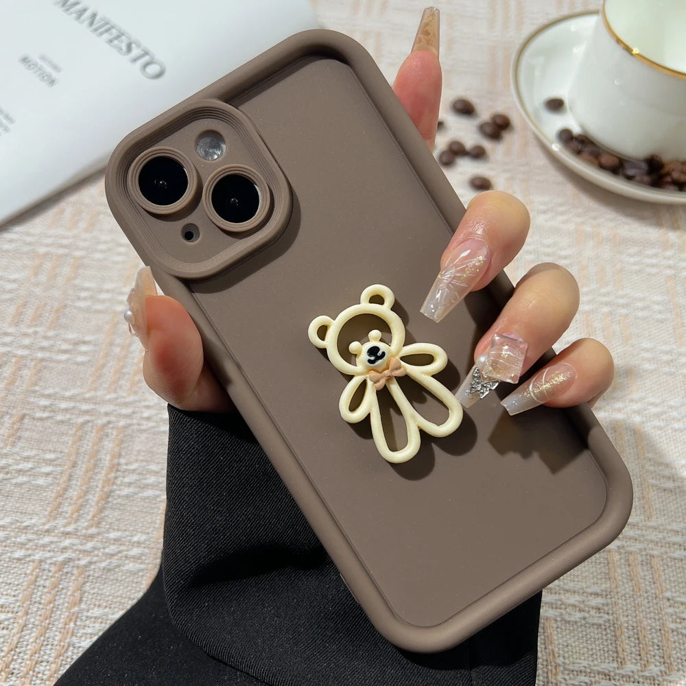 Korean Cute Cartoon 3D Coffee Bear Phone Case For iPhone 11 Case iPhone 13 12 14 16 15 Pro Max XR XS 7 8 Plus SE 2020 Soft Cover