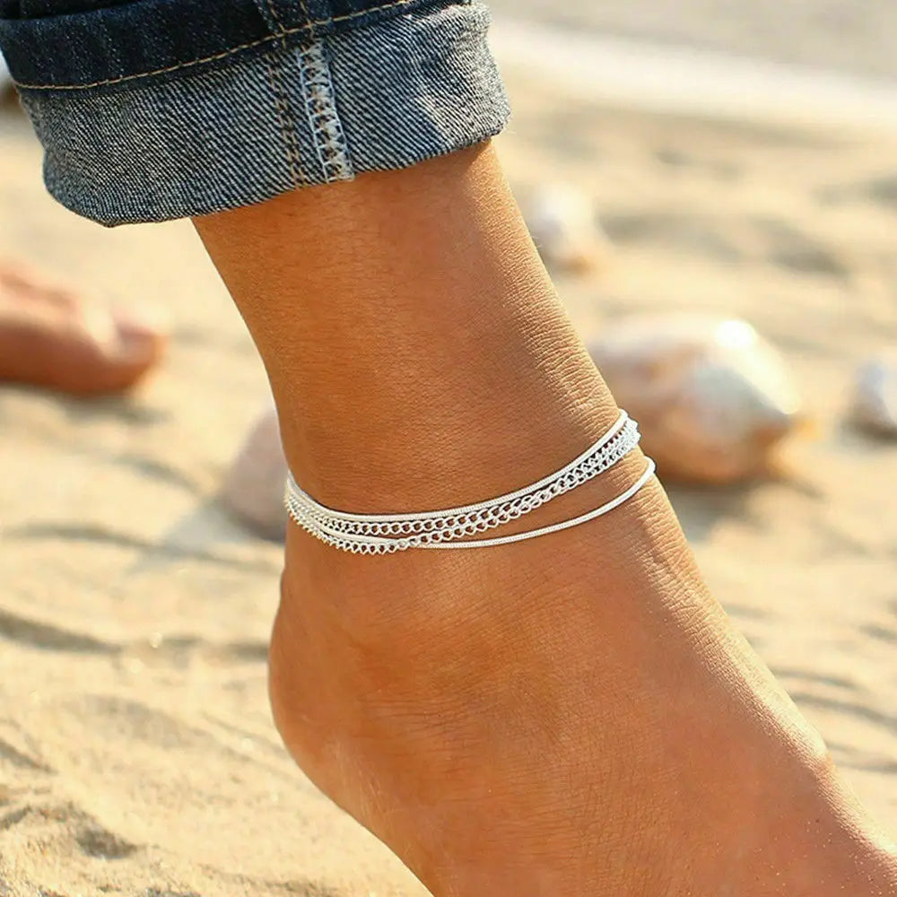 Silver Crystal Zircon 3 Rows Beads Anklet