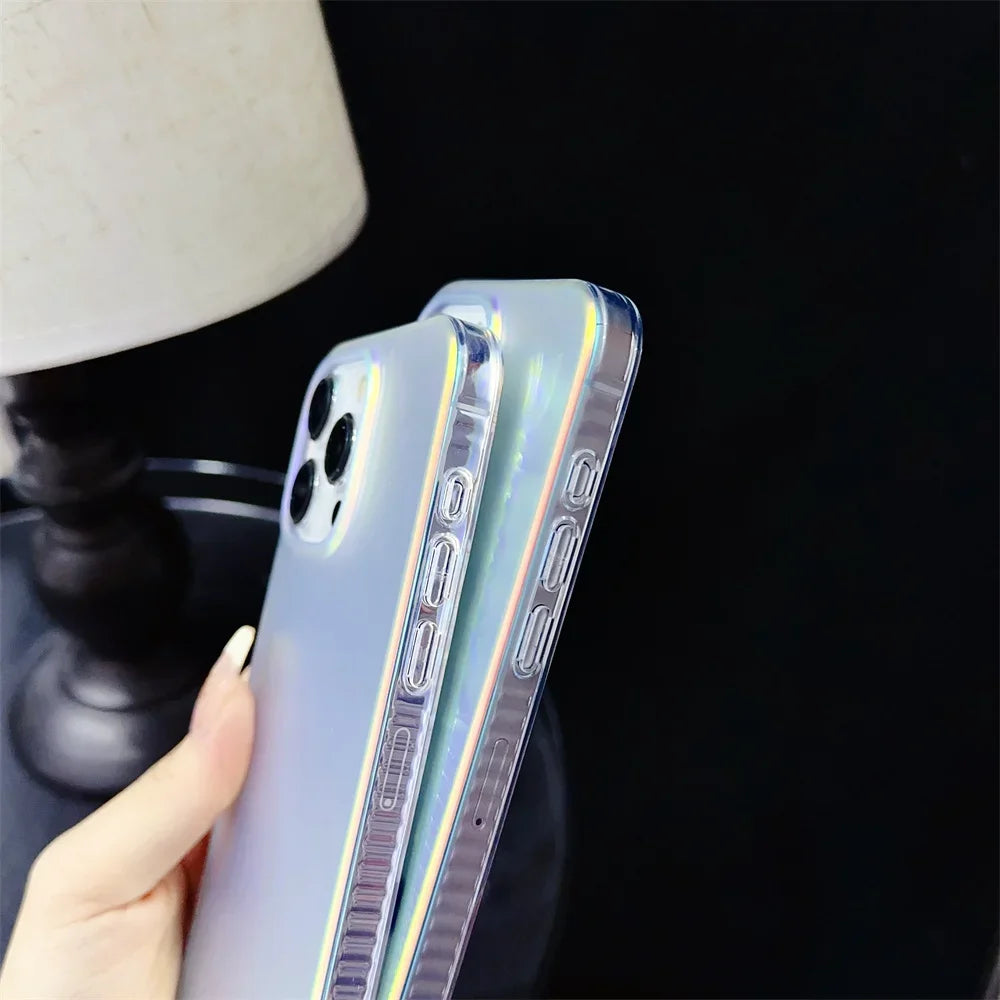 Aurora Gradient Colorful Case for iPhone 15 14 16 Pro Max 13 12 11 Ripple Laser Feather Shockproof Acrylic Cover for iPhone 15