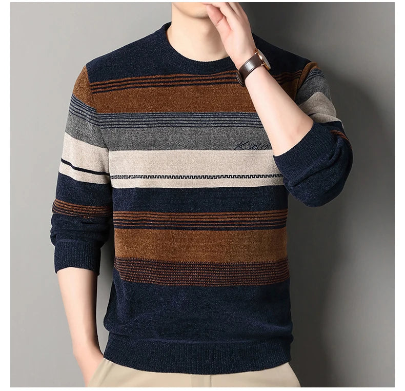 Mens Thickened Sweater Stripe Velvet Pullover Men's Winter Clothes Elegant Luxury Brand Fashion Knitted Sweaters - Vakasi