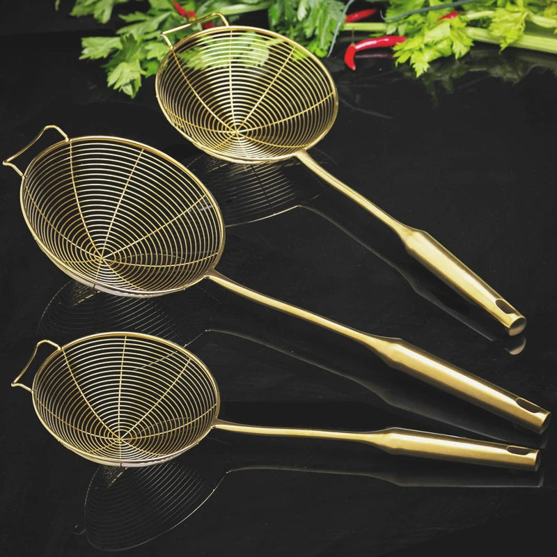 Golden Stainless Steel Skimmer Strainer Colander Oil Filter Frying Scoop with Long Handle Noodles Dumpling Sieves Kitchen Tools