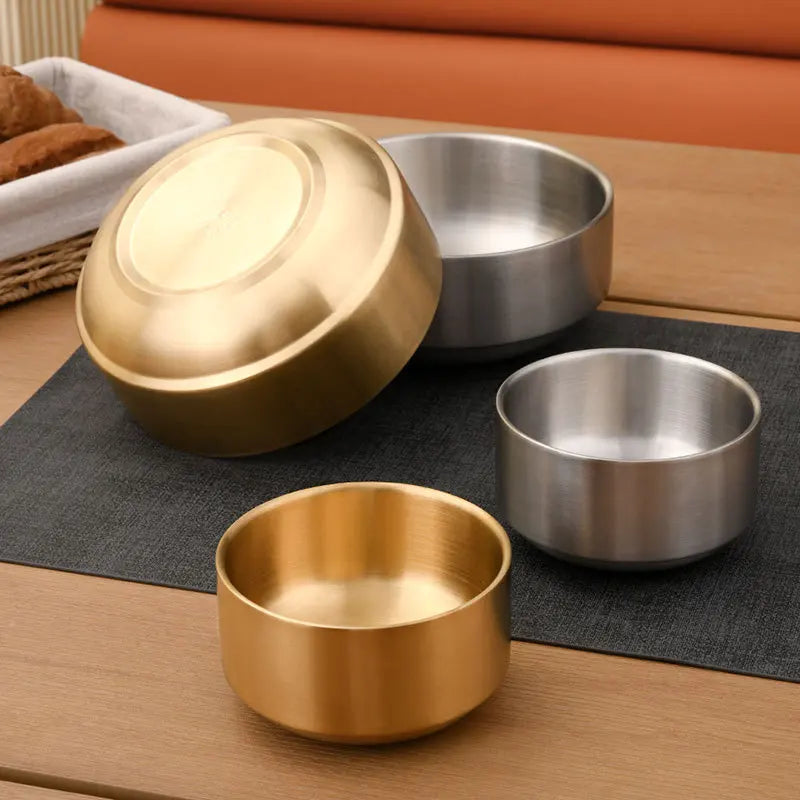 Korean Stainless Steel Ramen Bowl Double Layer Fruit Salad Soup Bowls Golden Silver Kitchen Utensils