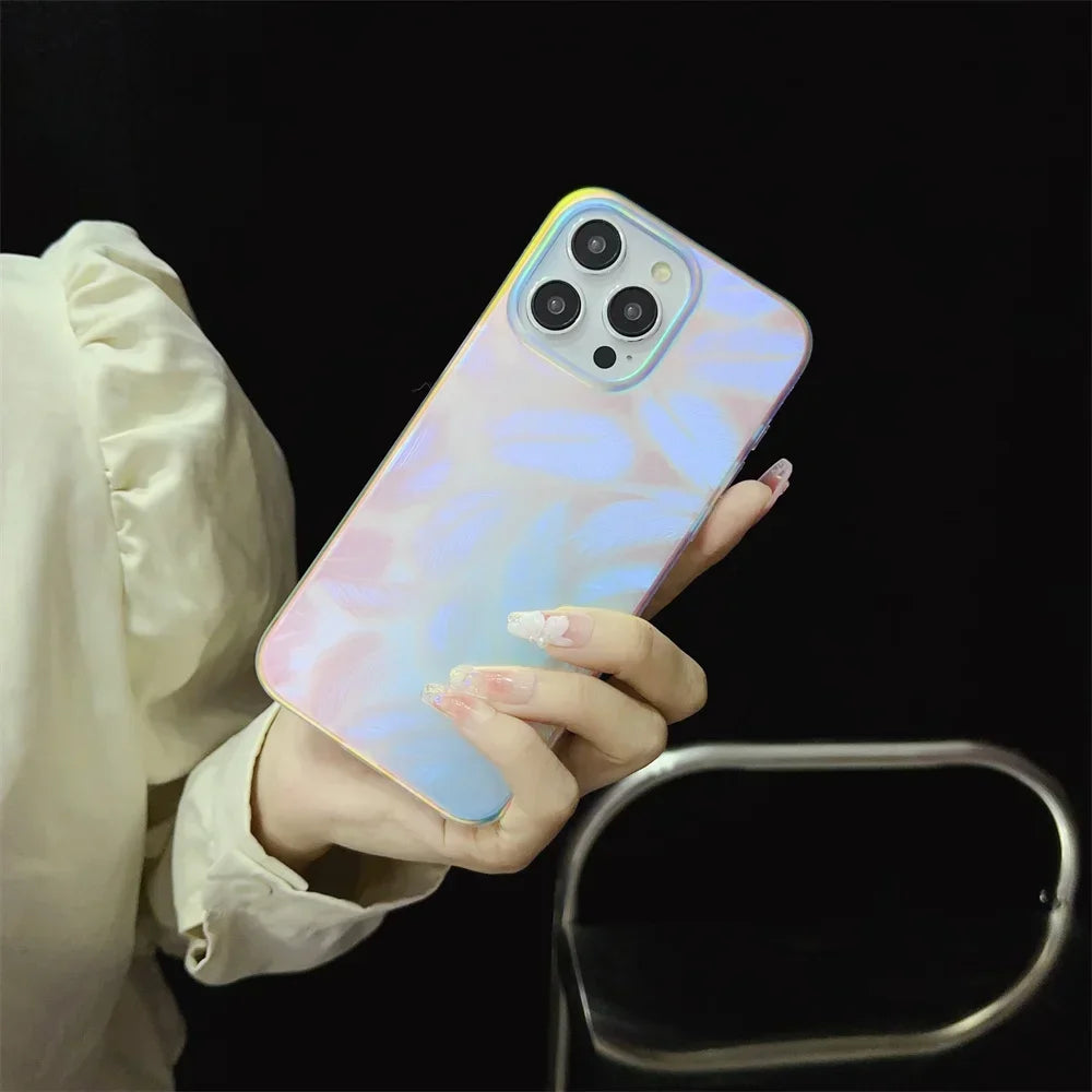 Aurora Gradient Colorful Case for iPhone 15 14 16 Pro Max 13 12 11 Ripple Laser Feather Shockproof Acrylic Cover for iPhone 15