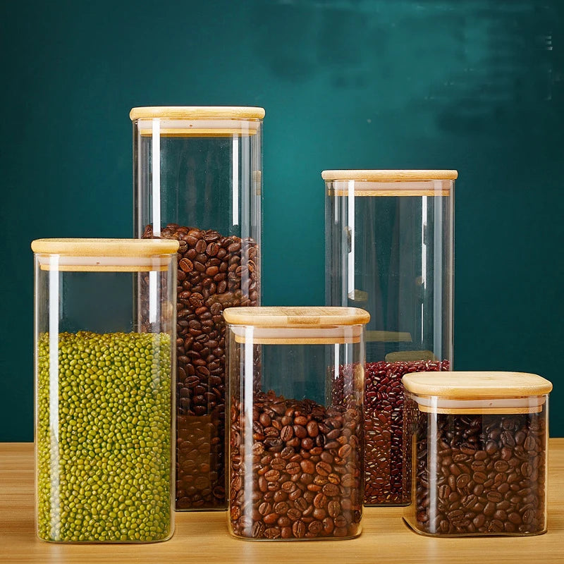 1Pcs Wood Lid Glass Airtight Canister Food Container Tea Kitchen Storage Bottles Jar Sealed Grounds Jars Organizer