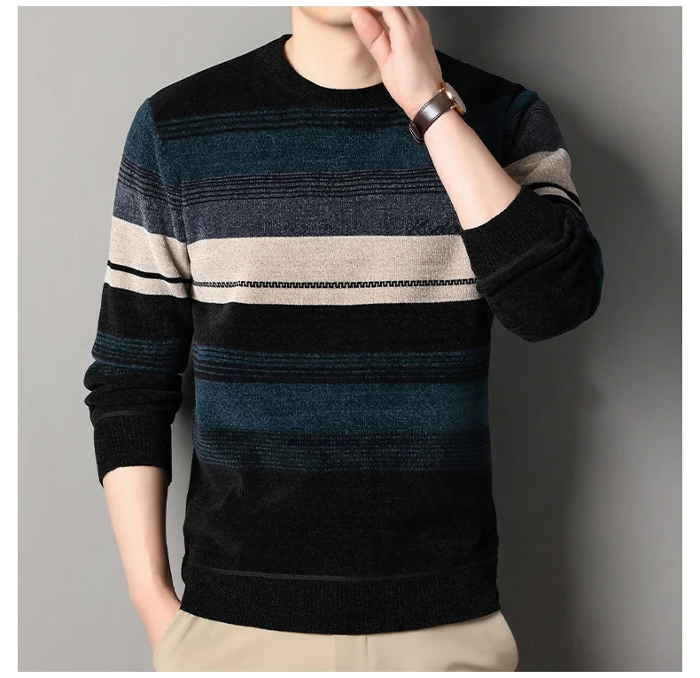 Mens Thickened Sweater Stripe Velvet Pullover Men's Winter Clothes Elegant Luxury Brand Fashion Knitted Sweaters - Vakasi