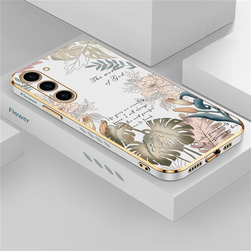 S24 Plating Case For Samsung Galaxy S23 Ultra S22 S21 Plus S20 fe S10 Soft Silicone Pattern Flower Cover Funda